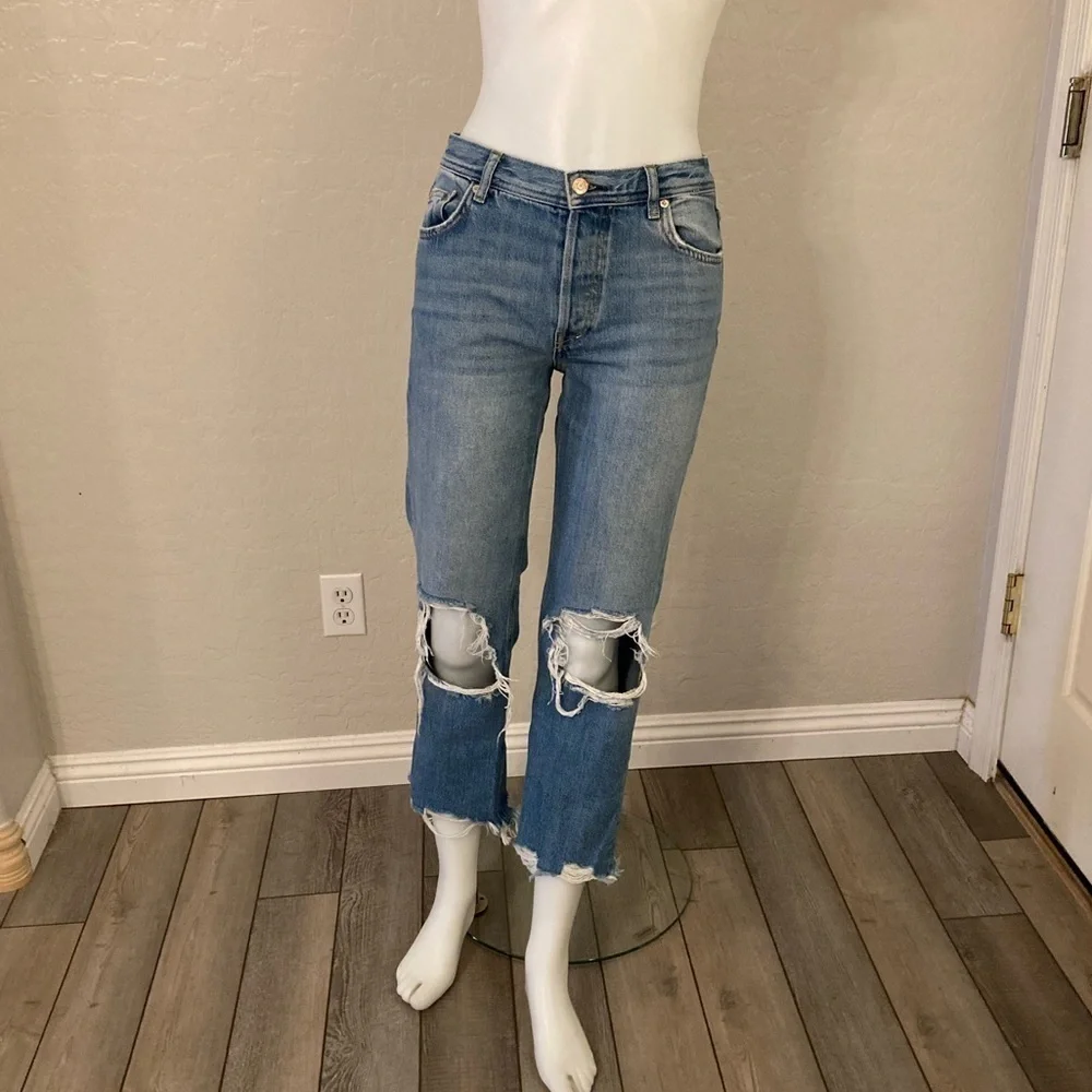 FREE PEOPLE Distressed Maggie Straight Jeans 26 Cropped Light Stone Fray Rip